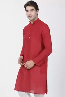 Red Plain Cotton Men Kurtas