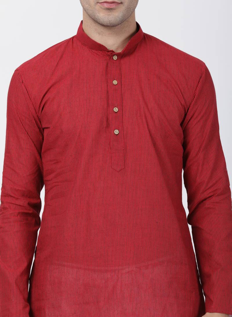 Red Plain Cotton Men Kurtas