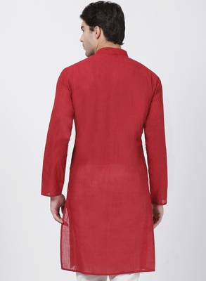 Red Plain Cotton Men Kurtas 4