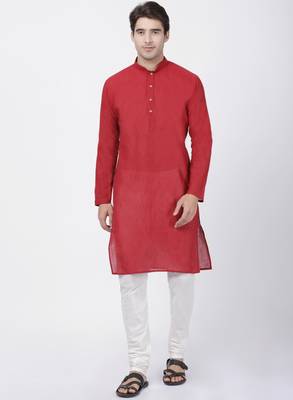 Red Plain Cotton Men Kurtas 5