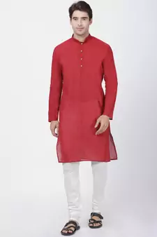 Red Plain Cotton Men Kurtas