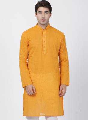 Yellow Plain Cotton Men Kurtas 1