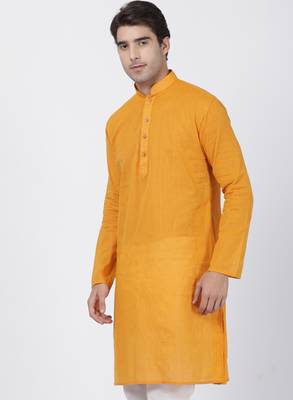Yellow Plain Cotton Men Kurtas 2