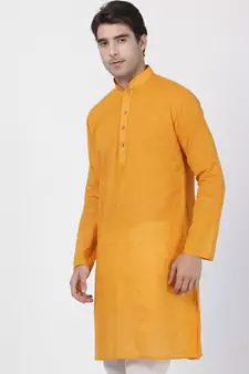 Yellow Plain Cotton Men Kurtas