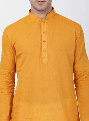 Yellow Plain Cotton Men Kurtas 3