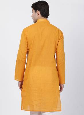 Yellow Plain Cotton Men Kurtas 4