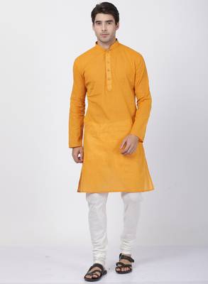 Yellow Plain Cotton Men Kurtas 5