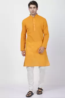 Yellow Plain Cotton Men Kurtas