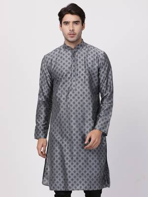 Grey Plain Cotton Silk Men Kurtas 1