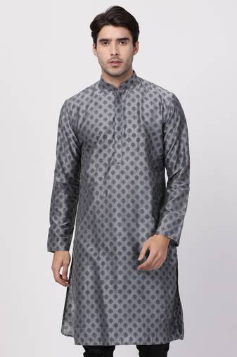Grey Plain Cotton Silk Men Kurtas