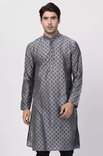 Grey Plain Cotton Silk Men Kurtas