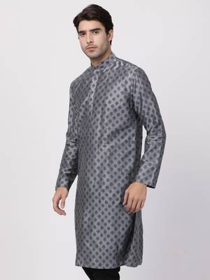 Grey Plain Cotton Silk Men Kurtas 2