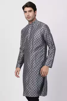 Grey Plain Cotton Silk Men Kurtas