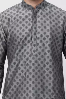 Grey Plain Cotton Silk Men Kurtas