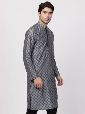 Grey Plain Cotton Silk Men Kurtas 4