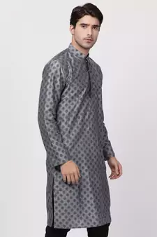 Grey Plain Cotton Silk Men Kurtas