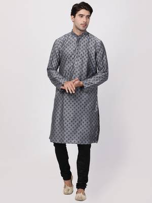 Grey Plain Cotton Silk Men Kurtas 5