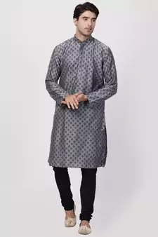 Grey Plain Cotton Silk Men Kurtas