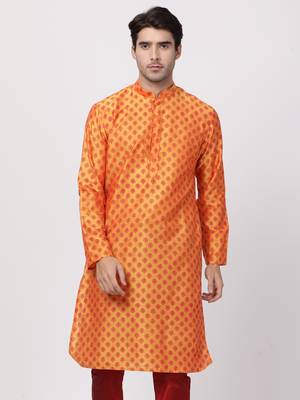 Men'S Orange Cotton Blend Kurta 1