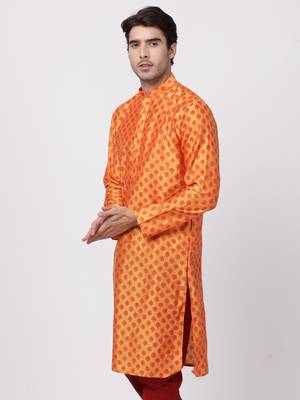 Men'S Orange Cotton Blend Kurta 2