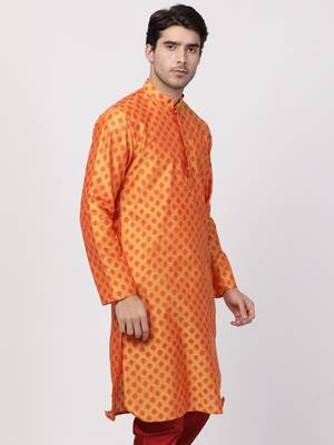 Men'S Orange Cotton Blend Kurta 4