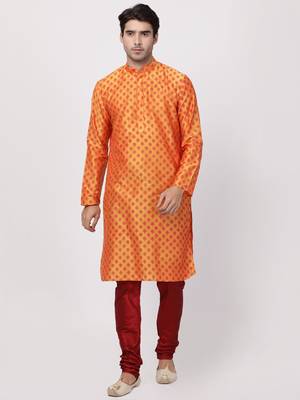 Men'S Orange Cotton Blend Kurta 5