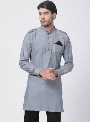 Grey Plain Cotton Men Kurtas 1