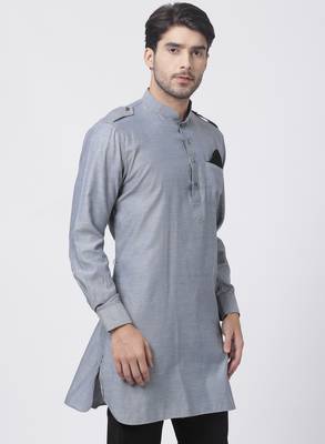 Grey Plain Cotton Men Kurtas 5