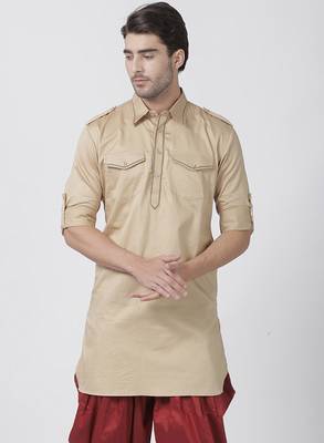Beige Plain Cotton Men-Kurtas 1