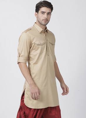 Beige Plain Cotton Men-Kurtas 2