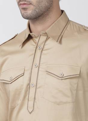 Beige Plain Cotton Men-Kurtas 3