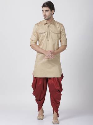 Beige Plain Cotton Men-Kurtas 5