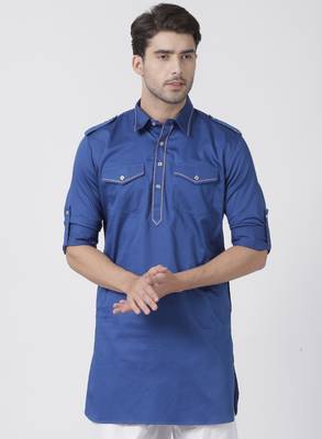 Blue Plain Cotton Men Kurtas 1