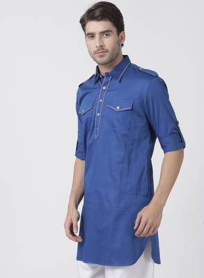 Blue Plain Cotton Men Kurtas 2