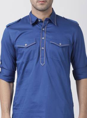 Blue Plain Cotton Men Kurtas 3
