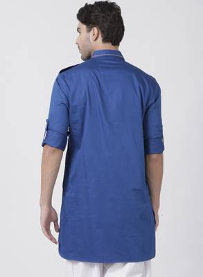Blue Plain Cotton Men Kurtas 4