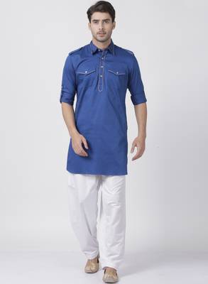 Blue Plain Cotton Men Kurtas 5