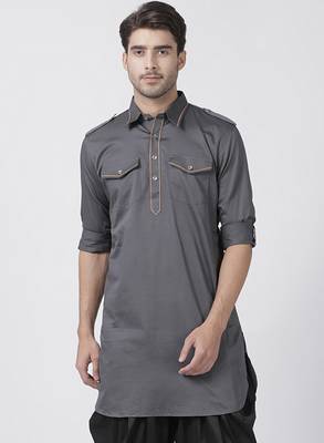 Grey Plain Cotton Men Kurtas 1