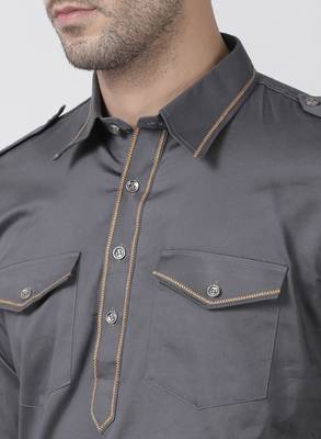 Grey Plain Cotton Men Kurtas 3