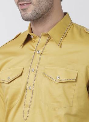 Yellow Plain Cotton Men Kurtas 3