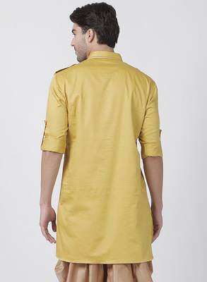Yellow Plain Cotton Men Kurtas 4