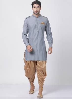 Grey Plain Blended Cotton Dhoti-Kurta 1