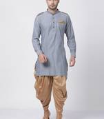 Grey Plain Blended Cotton Dhoti-Kurta
