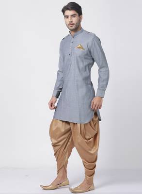 Grey Plain Blended Cotton Dhoti-Kurta 2