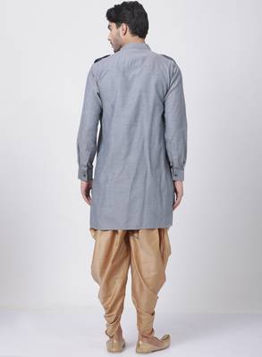 Grey Plain Blended Cotton Dhoti-Kurta 4