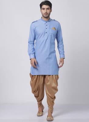 Blue Plain Blended Cotton Dhoti Kurta 1