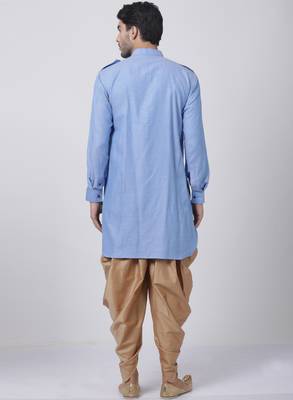 Blue Plain Blended Cotton Dhoti Kurta 4