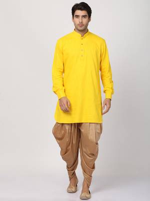 Yellow Plain Blended Cotton Dhoti Kurta 1