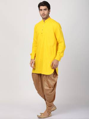 Yellow Plain Blended Cotton Dhoti Kurta 2