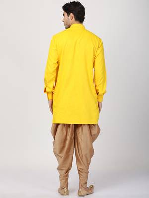 Yellow Plain Blended Cotton Dhoti Kurta 4